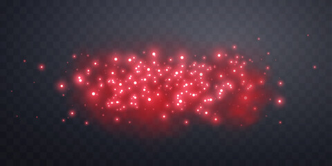 Wall Mural - Red glow flare light effect. Red magic sparks and dust stars. Christmas light effect. Vector particles on transparent background.