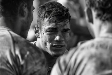 Sticker - A group of men standing side by side, demonstrating camaraderie and unity, The camaraderie and sportsmanship between competitors after a hard-fought match