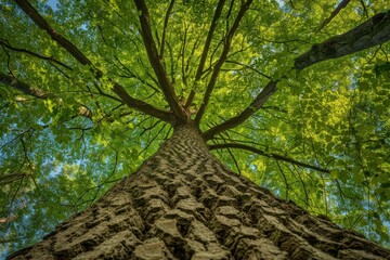 Below the Sky: Upward View of Green Oak Trees in the Forest