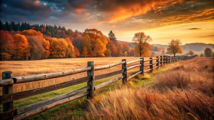 Wall Mural - 3. Soft, gradient transition from burnt umber to sienna on a weathered, wooden fence in a rustic, countryside landscape, a realistic photo image.