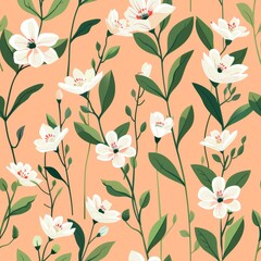 White flowers with green leaves in a vertical pattern against an orange background, illustrating a calming botanical theme.