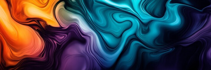 an abstract background with swirling colors of teal, orange, purple, and black. the colors blend and