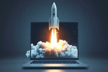 Rocket coming out of laptop screen. 3d toned image