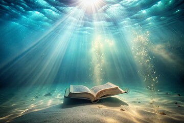 Dreamy underwater scene with Bible pages floating, soft pastel colors, ethereal light, and subtle ripples, evoking contemplation and wonder.