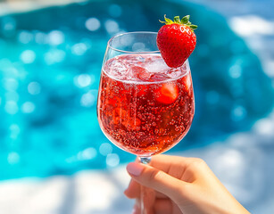 A woman's hand holds a wine glass with a red cocktail.