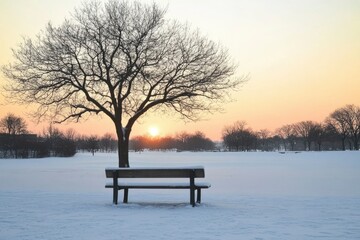 Wall Mural - Solitary Bench in a Snowy Landscape with a Sunset