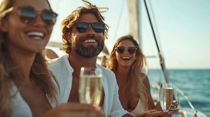 Sticker - Group of man and woman friends enjoy party drinking champagne together while catamaran boat sailing in summer sunny day Male and female relax outdoor lifestyle on sail yacht tropical t : Generative AI