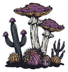 Poster - PNG Whimsical mushrooms with cacti