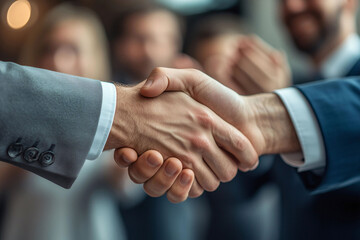 Wall Mural - Close up of hands shaking, business people meeting and making a deal at the office. Businessmen shake hands after illuminated by sunlight with a bokeh blur effect background for banner design. 