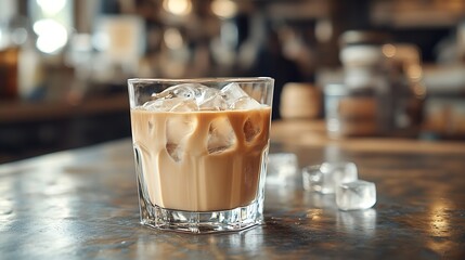 Aufkleber - Iced coffee with ice cubes in a glass on the table : Generative AI