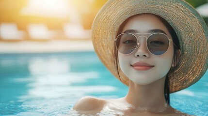 Wall Mural - Retreat and vacation Portrait beautiful young asian woman enjoying around outdoor swimming pool in hotel resort Attractive girl relax in summer season : Generative AI