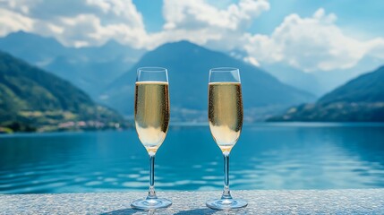 Two glasses of champagne on the edge of the pool against the background of mountains lake blue sky with clouds : Generative AI