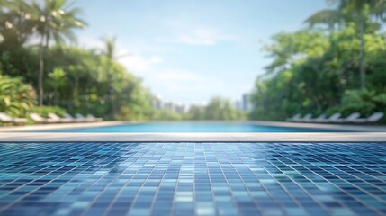 Aufkleber - Empty white ceramic mosaic table  top and blurred swimming pool in tropical resort in summer banner background  can used for display or montage your products : Generative AI