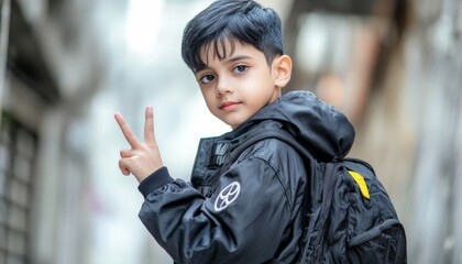 Young Boy with Backpack Making Peace Sign.