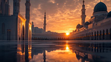 Golden sunset reflecting on the courtyard of a grand mosque with towering minarets in a serene city landscape