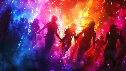 an electrifying carnival night, watercolor splashes capturing the glowing lights and swirling dancer