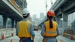 © Generative AI - Back view of Asian male and female engineers Inspecting construction work radio command concrete road bridge highway : Generative AI
