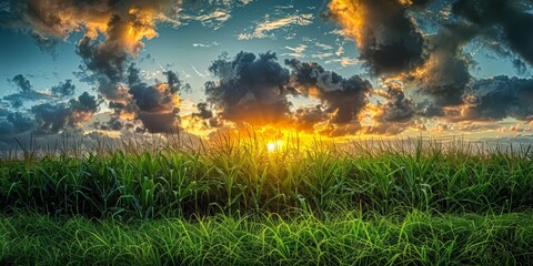 Wall Mural - Sunset Over Lush Green Grass Field with Dramatic Clouds