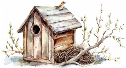 Bird House. Watercolor Painting of a Wooden Birdhouse and Birds Nest in White Background