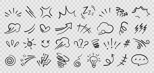 handdrawn anime manga doodle line elements set. collection of graphic effects for character emotion.
