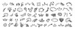 © Nataliia - Set of black hand drawn anime manga doodle grunge line elements curved charcoal, chalk arrows, speech bubble, abstract shapes, graphic effects for character emotion. Scribble stroke symbols vector