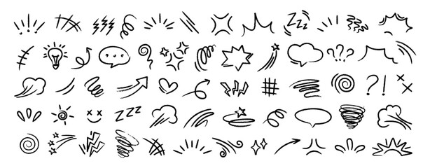 set of black hand drawn anime manga doodle grunge line elements curved charcoal, chalk arrows, speec