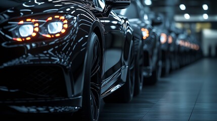 Poster - Black sedan luxury cars standing in a row Fleet of generic modern cars Transportation Luxury car fleet consisting of generic brandless design isolated on dark night background : Generative AI