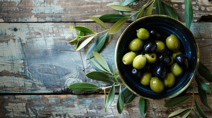 Black and Green Olives on Painted Wooden Background. Aromatic Berry in a Bowl