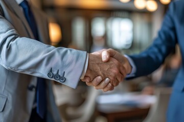 Canvas Print - Two men in formal suits are shaking hands in a room, The client's relief is palpable as the law firm assures them of a positive outcome