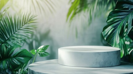 Leinwandbilder - Creative concept of minimalism with leaf and plaster podium Blank space on white podiums for presentation product and green leaves on a white background Summer theme Scene for advertis : Generative AI