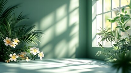 Aufkleber - Abstract gradient green studio background for product presentation Empty room with shadows of window and flowers and palm leaves  3d room with copy space Summer concert Blurred backdro : Generative AI