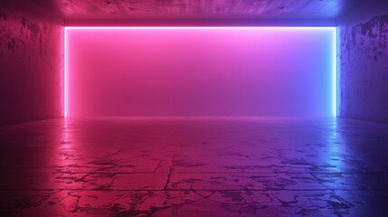 Poster - A futuristic empty room with glowing neon pink and blue lights, reflecting off a cracked floor, creating a moody and abstract atmosphere.