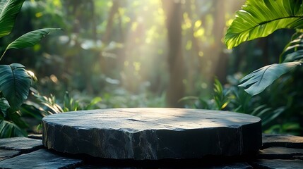 Aufkleber - Stone tabletop podium floor in outdoors tropical garden forest blurred green leaf plant nature backgroundNatural product placement pedestal stand displayjungle paradise concept : Generative AI