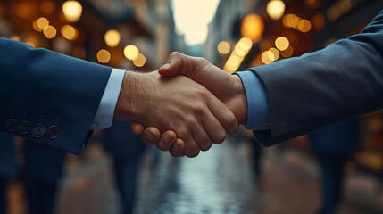 Wall Mural - Businessmen Shaking Hands in a Professional Setting with Colleagues Applauding in the Background, Captured with Natural Lighting and Low Angle for a Dynamic Corporate Scene