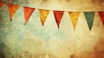 Wall Mural - A vintage-style image featuring colourful bunting flags against a textured background, evoking a nostalgic and festive atmosphere.