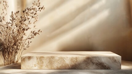 Fototapete - Luxury Brown stone marble pedestal Podium decoration with dried flower Over Beige Background elegant backdrop product showcases and sophisticated designs for Skin care and cosmetic Exh : Generative AI