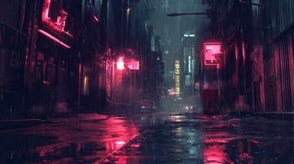 Wall Mural - Cyberpunk streets illustration, futuristic city, dystoptic artwork at night, 4k wallpaper. Rain foggy, moody empty future