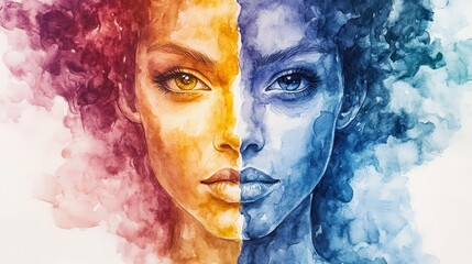 A striking watercolor illustration depicting two faces, one warm toned with orange and yellow hues, and other cool toned in blue and gray. artwork beautifully contrasts emotions and expressions.