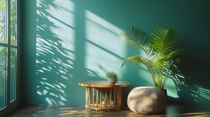 Poster - Coffee table with poufs and houseplant near green wall : Generative AI