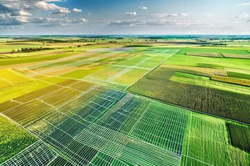 Wall Mural - Precision agriculture with satellite imagery showing crop health. Expansive farmland with different crop zones, Generative AI