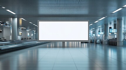 Shot in lowkey of a very large rectangular blank billboard mockup facing a baggage claim in an airport terminal a big white blank advertisement template indoors in front of a baggage h : Generative AI