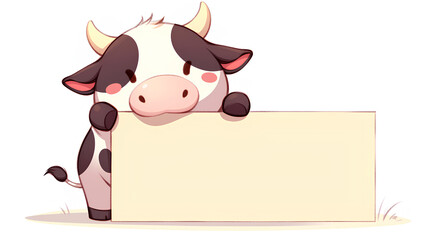 Canvas Print - cute cow holding up a blank sign, colorful cartoon character, empty banner,, anime style, cute kawaii, simple, smiling happy. isolated background