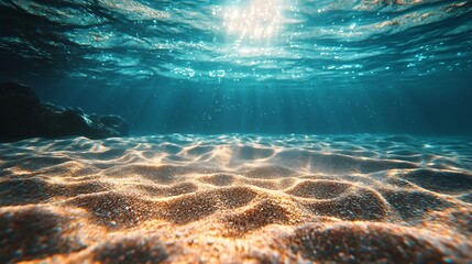 Poster - Underwater beach sand seabed with caustic light Sea water background : Generative AI