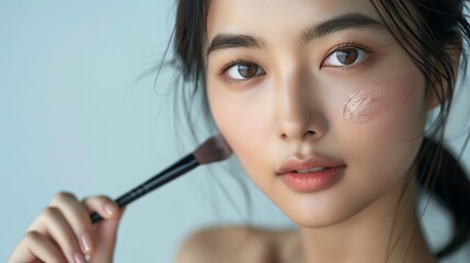 a beauty shot of an asian model applying foundation with a brush, highlighting her smooth, dewy comp