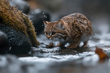 Wall Mural - Rusty-spotted Cat Standing on a Rock in a Stream