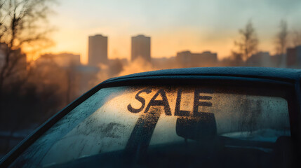 SALE written in the dust on a car window, with the cityscape blurred in the background.


