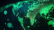© M - Abstract representation of a glowing green world map with digital connections and points of light against a dark background