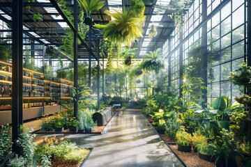 Wall Mural - A walkway in a greenhouse filled with various plants and foliage, The delicate balance of nature and technology, highlighted in the harmonious design of the AI-generated greenhouse