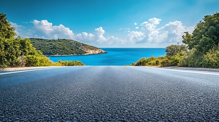 Poster - Asphalt road and blue sea with island nature landscape on a sunny day : Generative AI