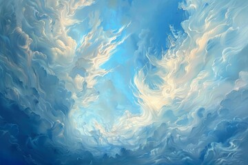 Sticker - A painting depicting a clear blue sky with fluffy white clouds, The delicate beauty of cirrus clouds streaking across a canvas of blue